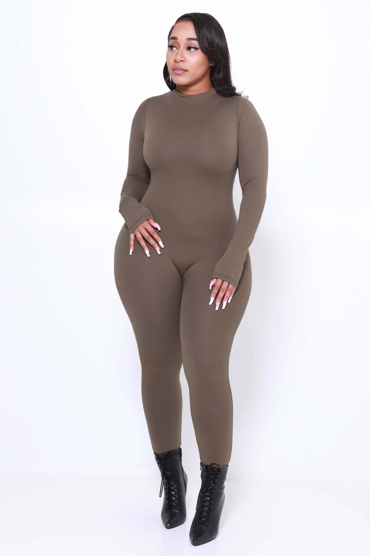 Heavy Hitter Mock Neck Long Sleeve Jumpsuit - Olive - Swank A Posh