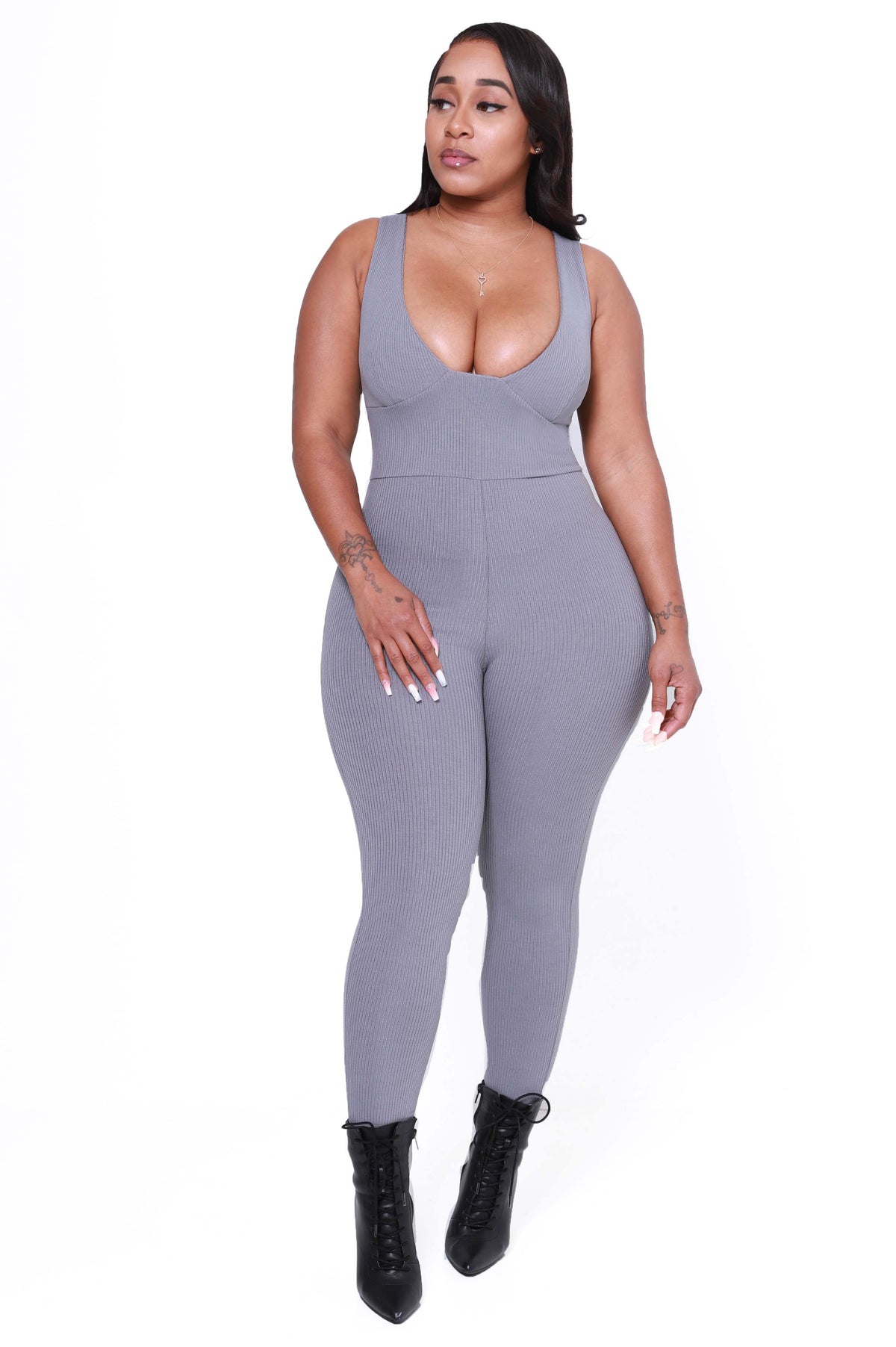 Point of View Ribbed Jumpsuit - Grey - Swank A Posh