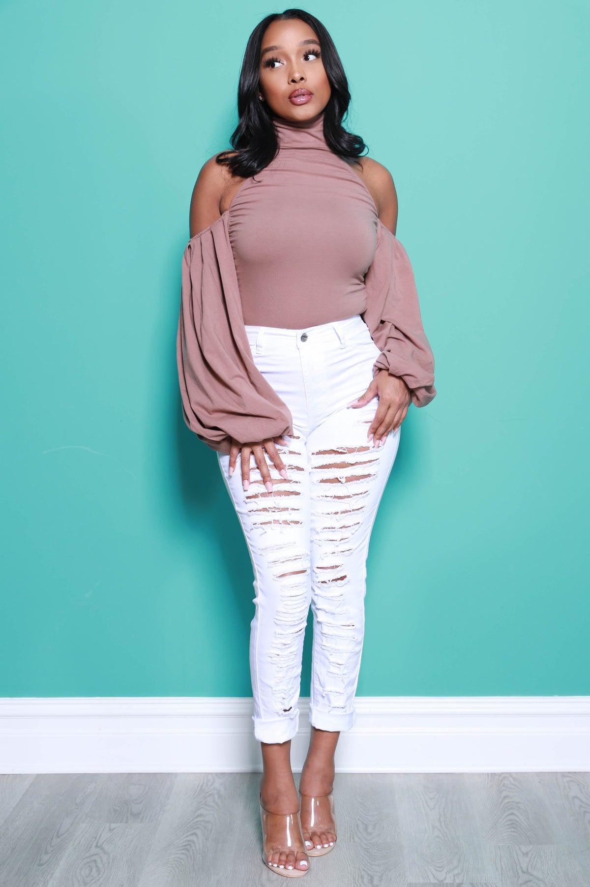 Open My Heart Bow Tie Bodysuit - Mocha - Swank A Posh