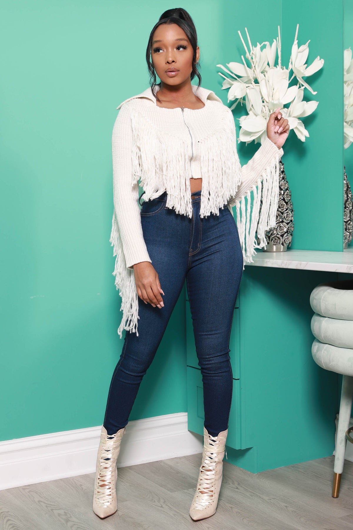 Close To You Zip Up Fringe Sweater - Ivory - Swank A Posh
