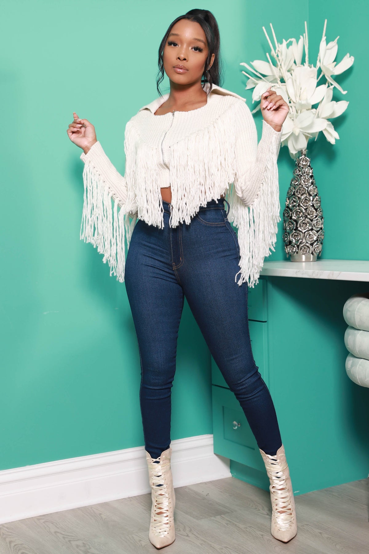 Close To You Zip Up Fringe Sweater - Ivory - Swank A Posh