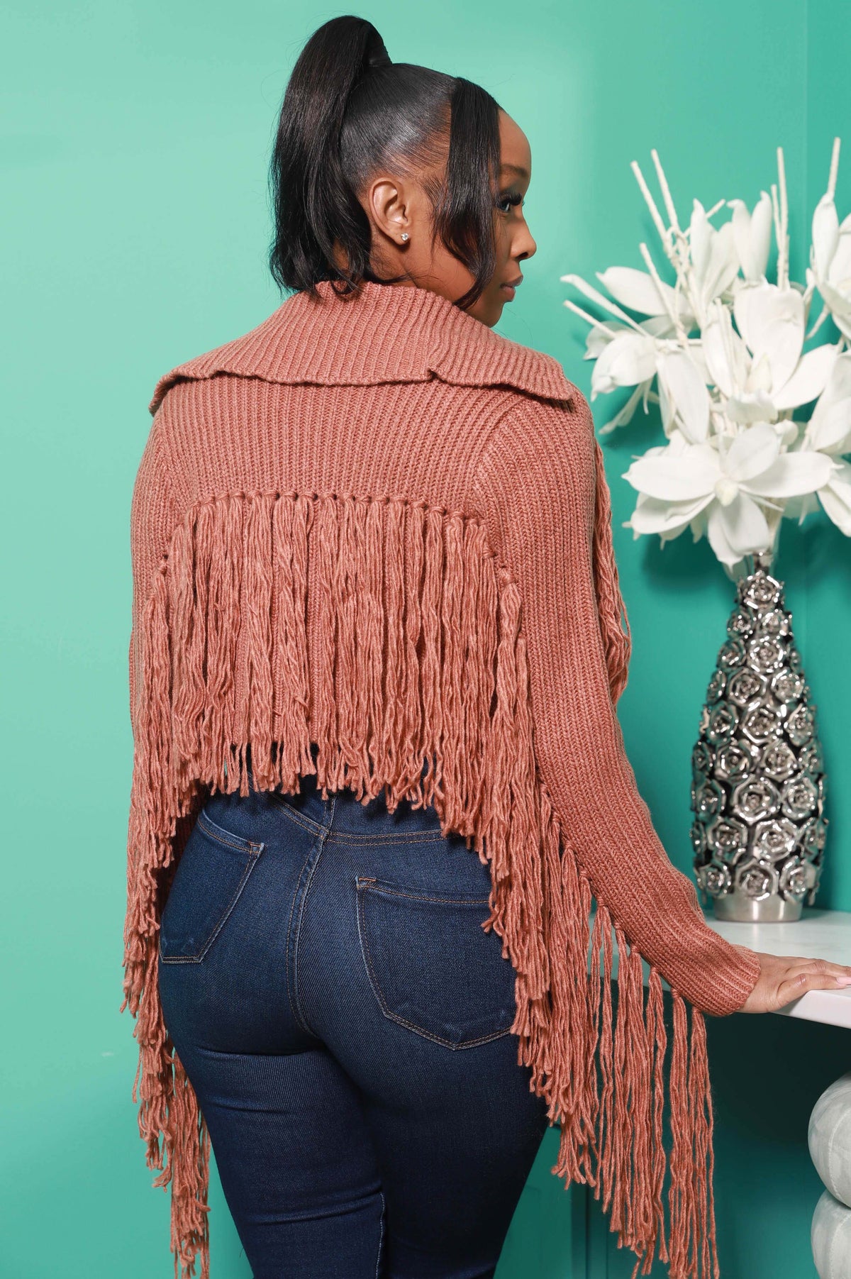 Close To You Zip Up Fringe Sweater - Mocha - Swank A Posh