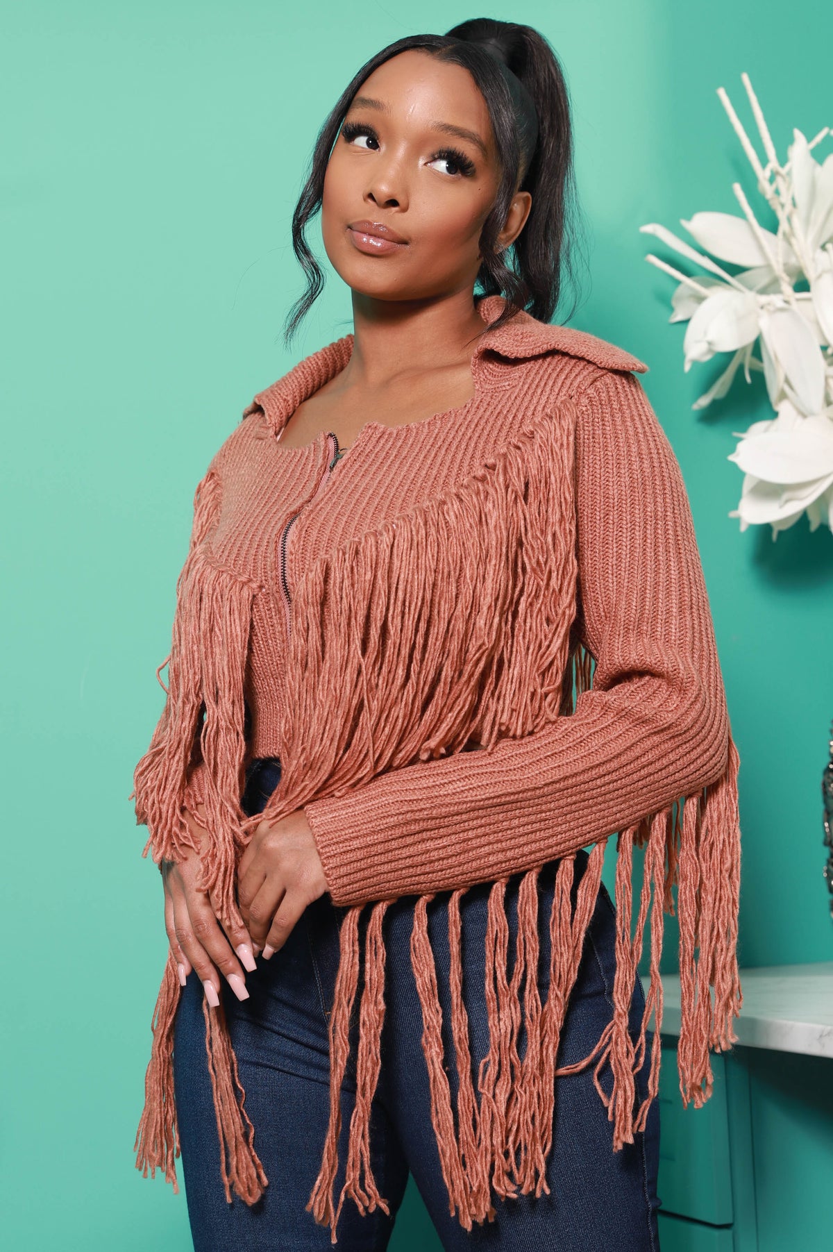 Close To You Zip Up Fringe Sweater - Mocha - Swank A Posh