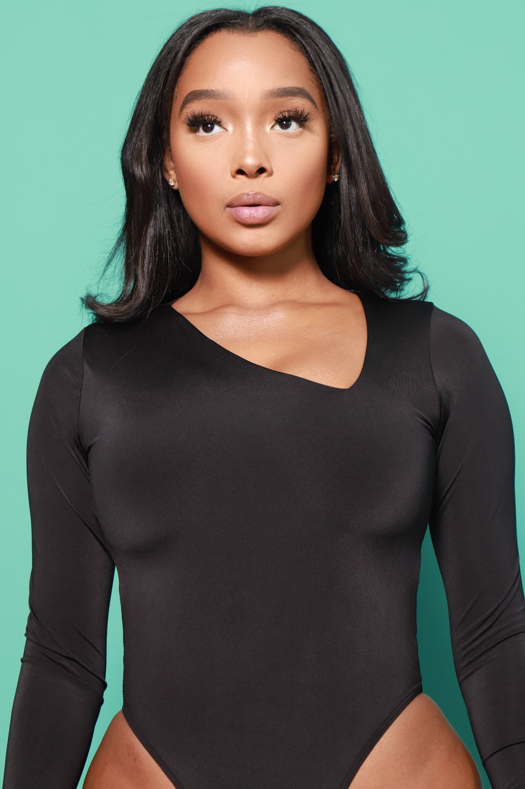 Flip Side V-Neck Long Sleeve Bodysuit - Black - Swank A Posh