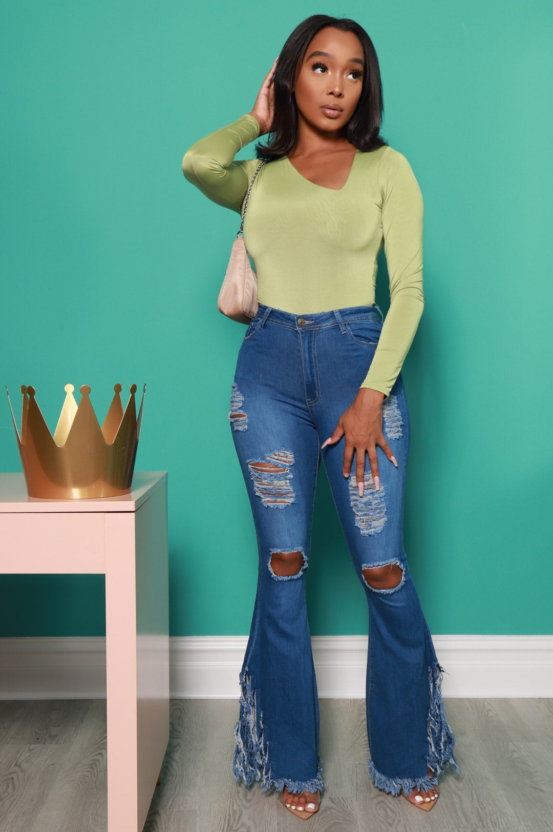 Flip Side V-Neck Long Sleeve Bodysuit - Water Grass - Swank A Posh