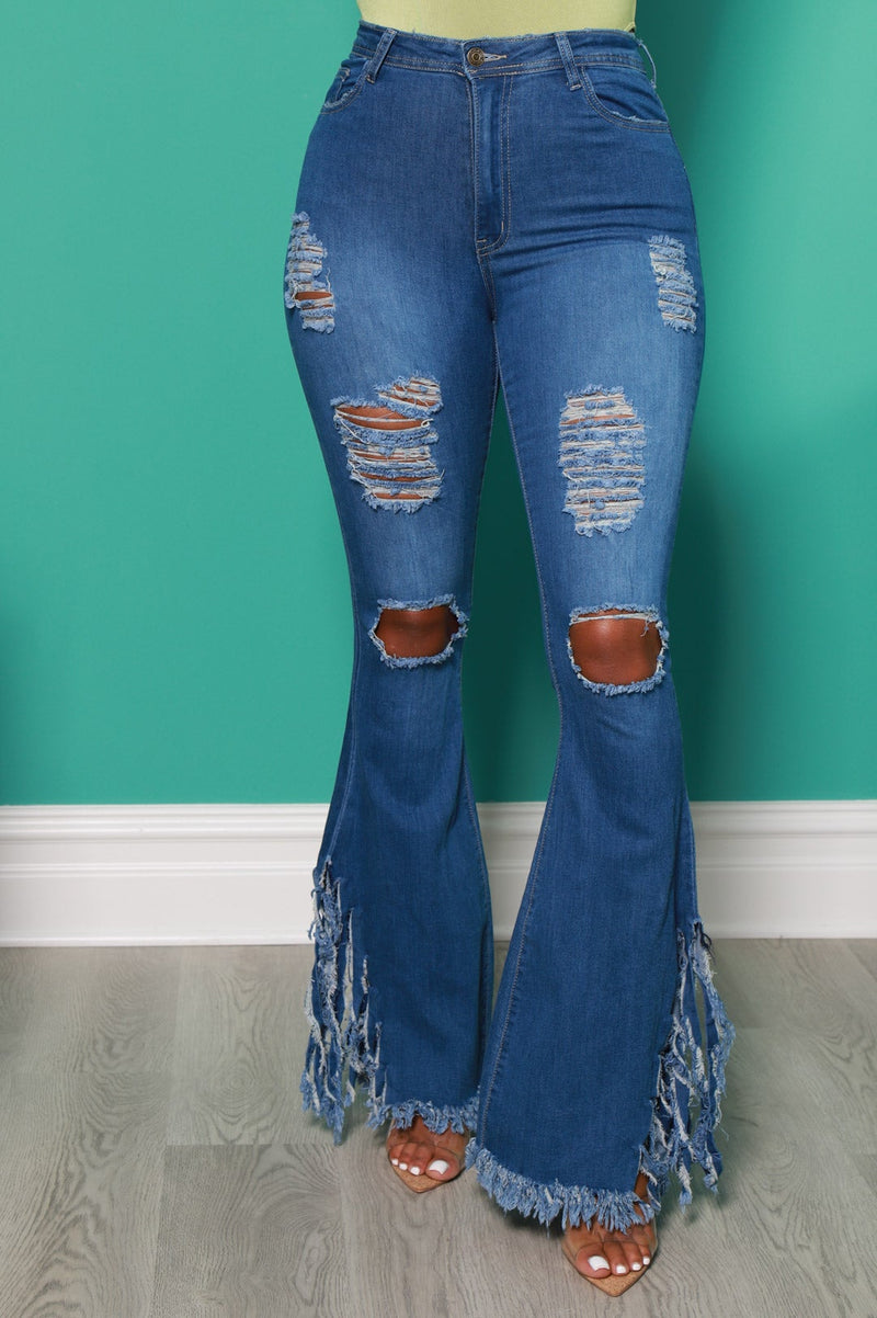 Rude Distressed High Waist Fringe Flare Jeans - Mid Wash
