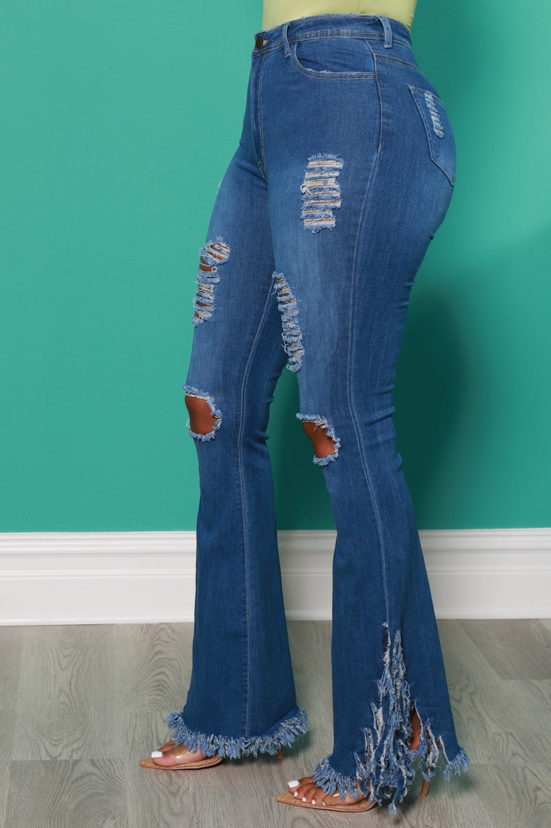 Rude Distressed High Waist Fringe Flare Jeans - Mid Wash - Swank A Posh