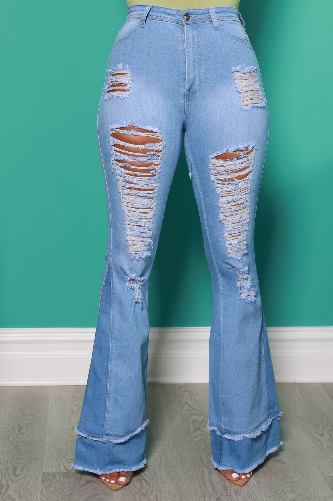 Too Torn Two Toned Distressed Flare Jeans - Light Wash - Swank A Posh