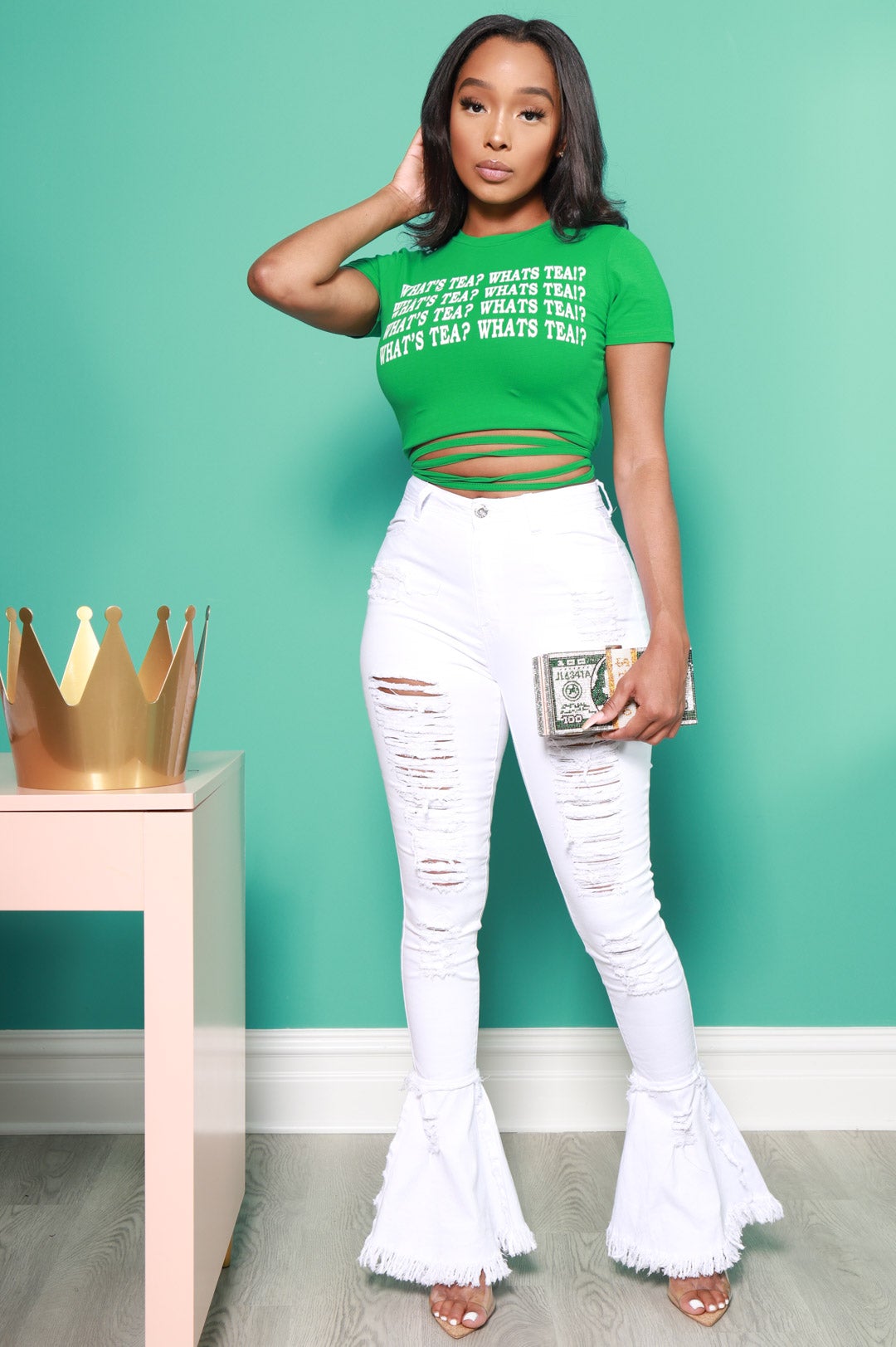 What&#39;s Tea? Printed Cropped T-Shirt - Kelly Green - Swank A Posh