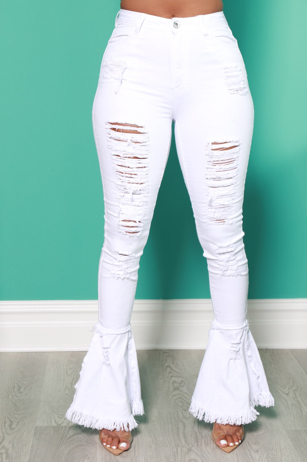 Cutting Corners Distressed Flare Jeans - White - Swank A Posh