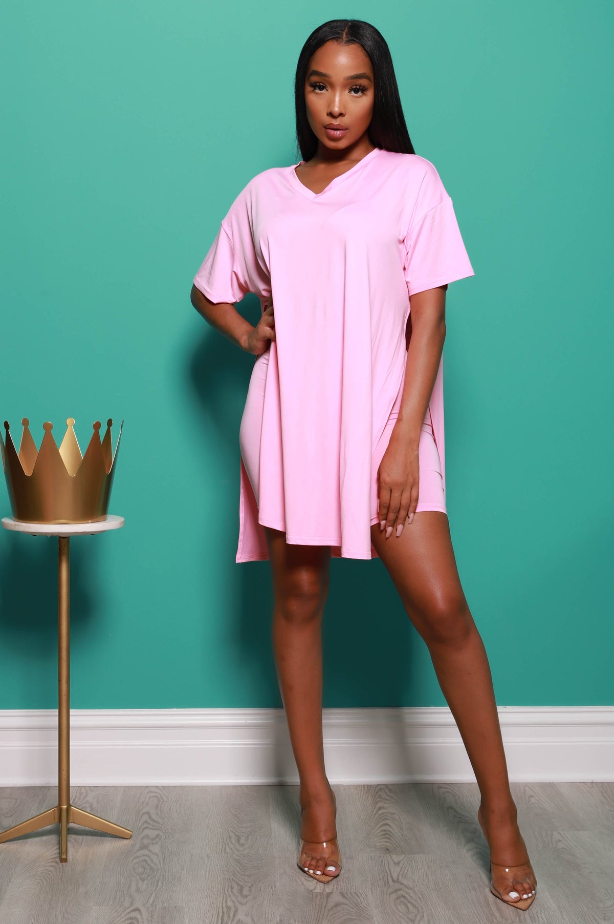 Check the Score V-Neck Biker Set - Pink - Swank A Posh