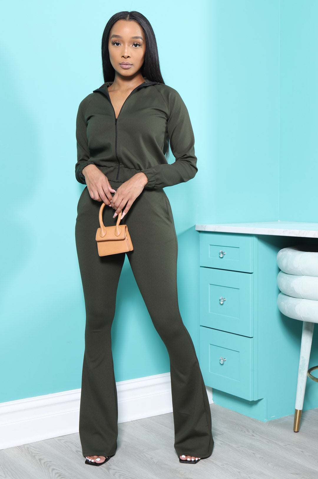 Ready Set Go Flare Tracksuit Set - Olive - Swank A Posh