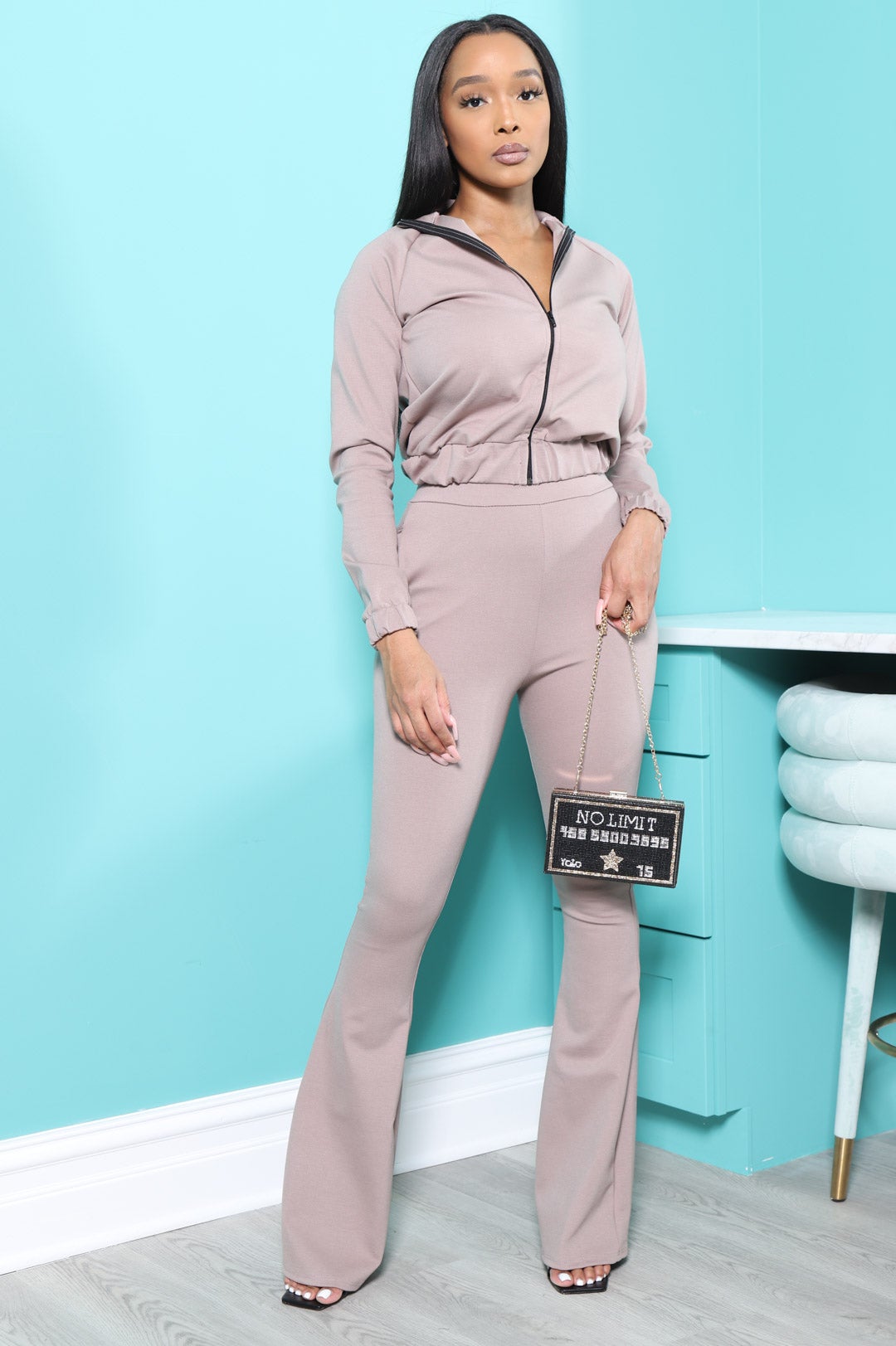 Ready Set Go Flare Tracksuit Set - Taupe - Swank A Posh