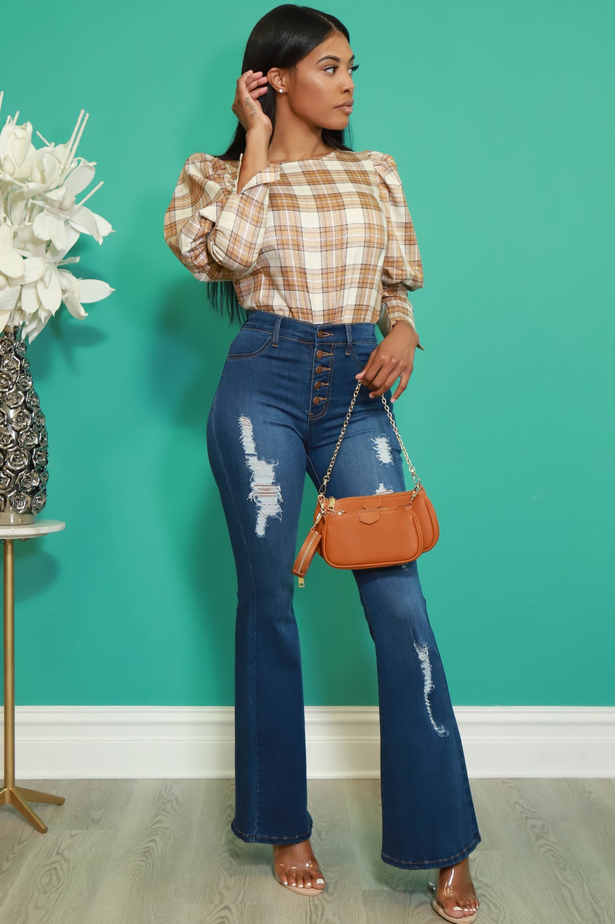 Head Start Distressed Bell Bottom Jeans - Dark Wash - Swank A Posh