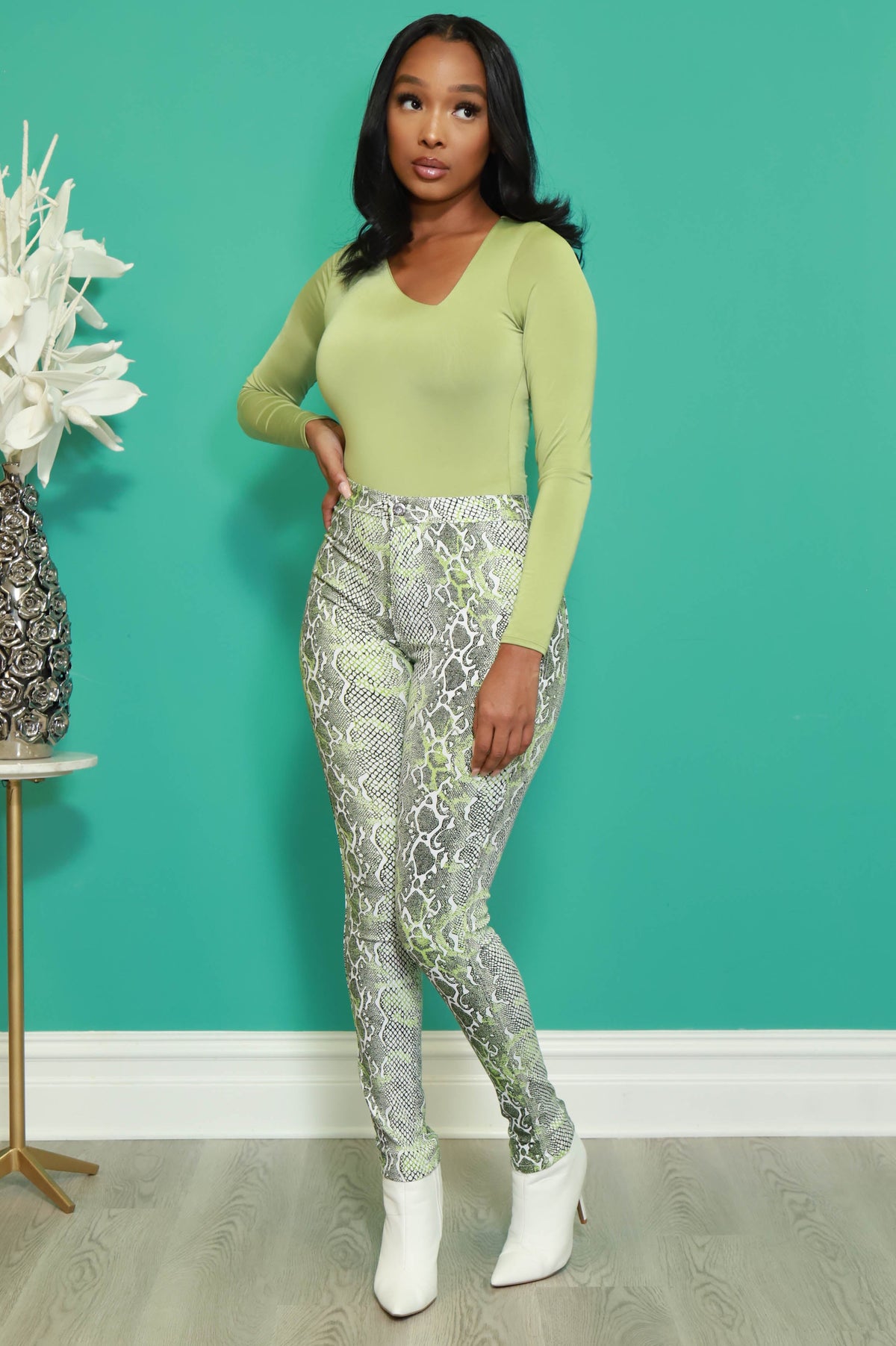 Flip Side V-Neck Long Sleeve Bodysuit - Water Grass - Swank A Posh