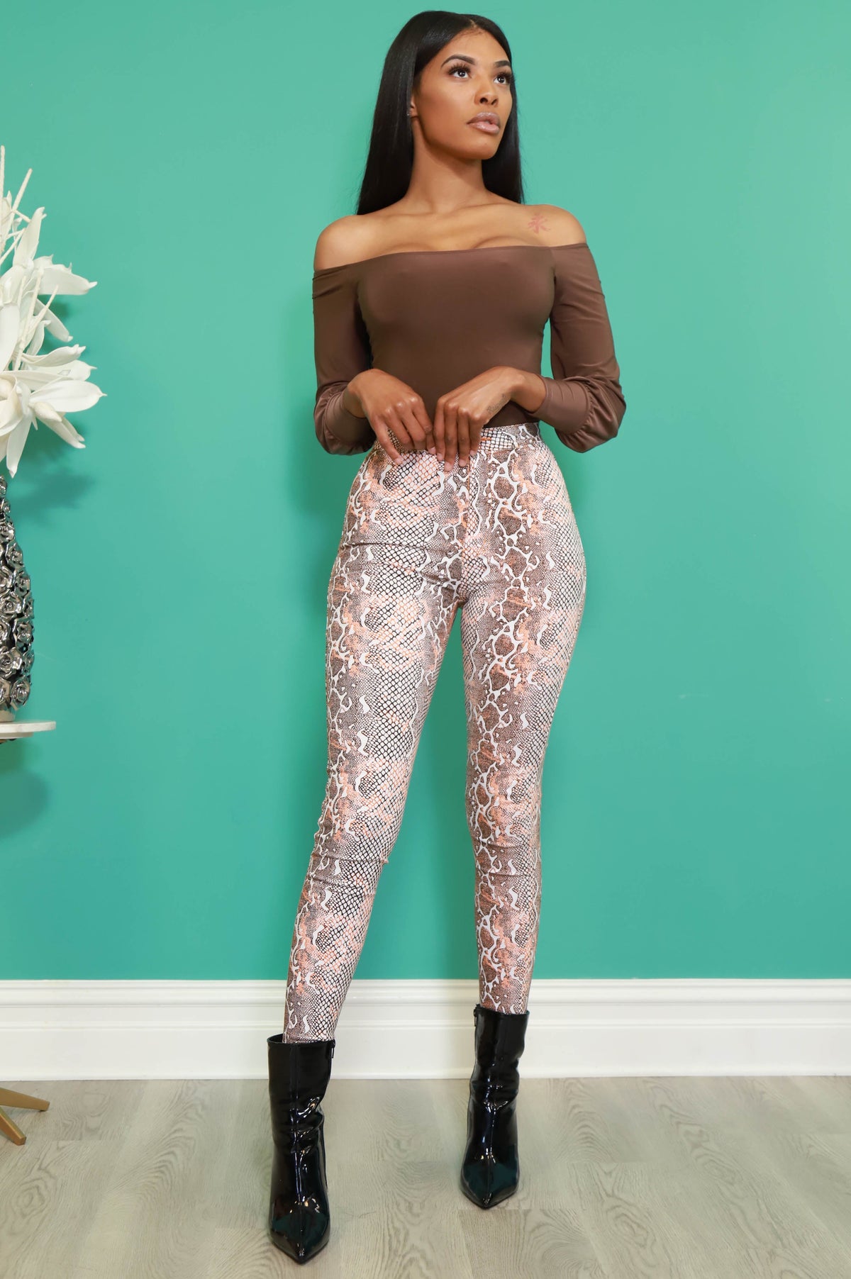 Level Up High Waist Snakeskin Jeans - Brown - Swank A Posh