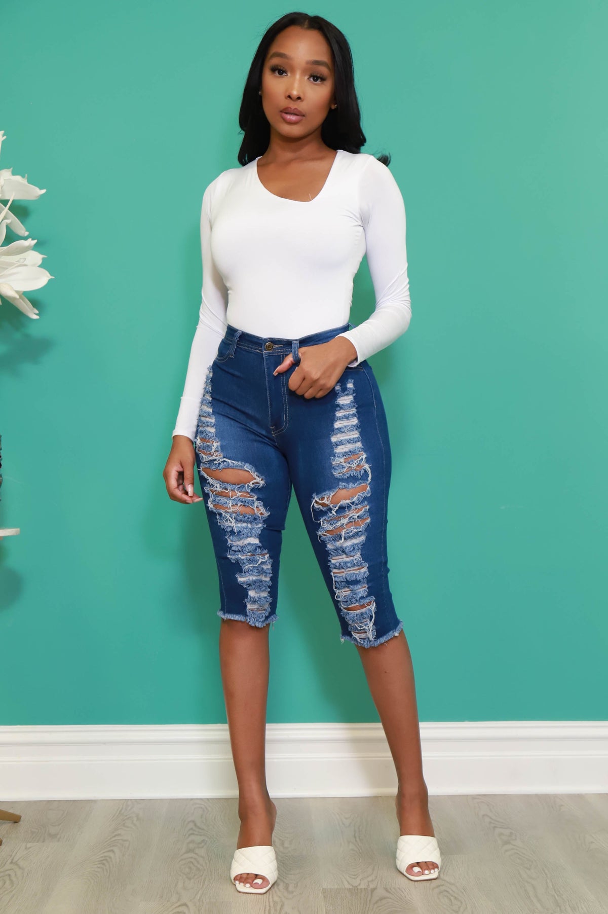 Boundless High Rise Distressed Bermuda Shorts - Medium Wash - Swank A Posh