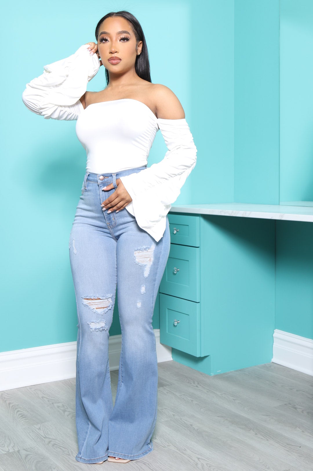 Get Back Distressed Flare Jeans - Light Wash - Swank A Posh