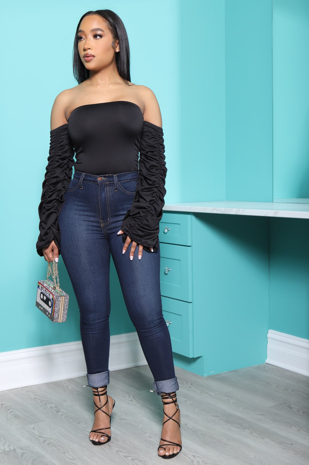 Proactive Ruche Sleeve Bodysuit - Black - Swank A Posh