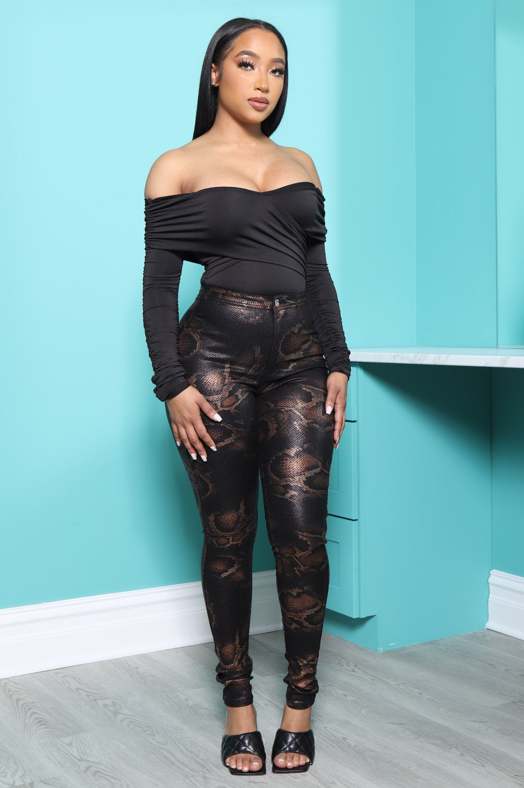 Snake Yourself Printed Coated Jeans - Black - Swank A Posh