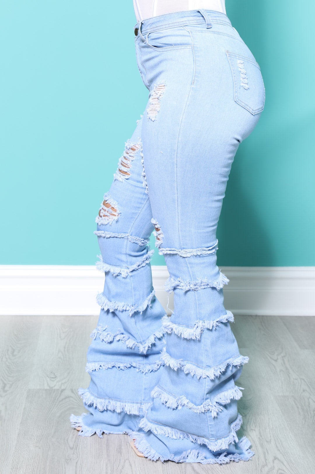 Promise Frayed High Rise Stretchy Flare Jeans - Light Wash - Swank A Posh