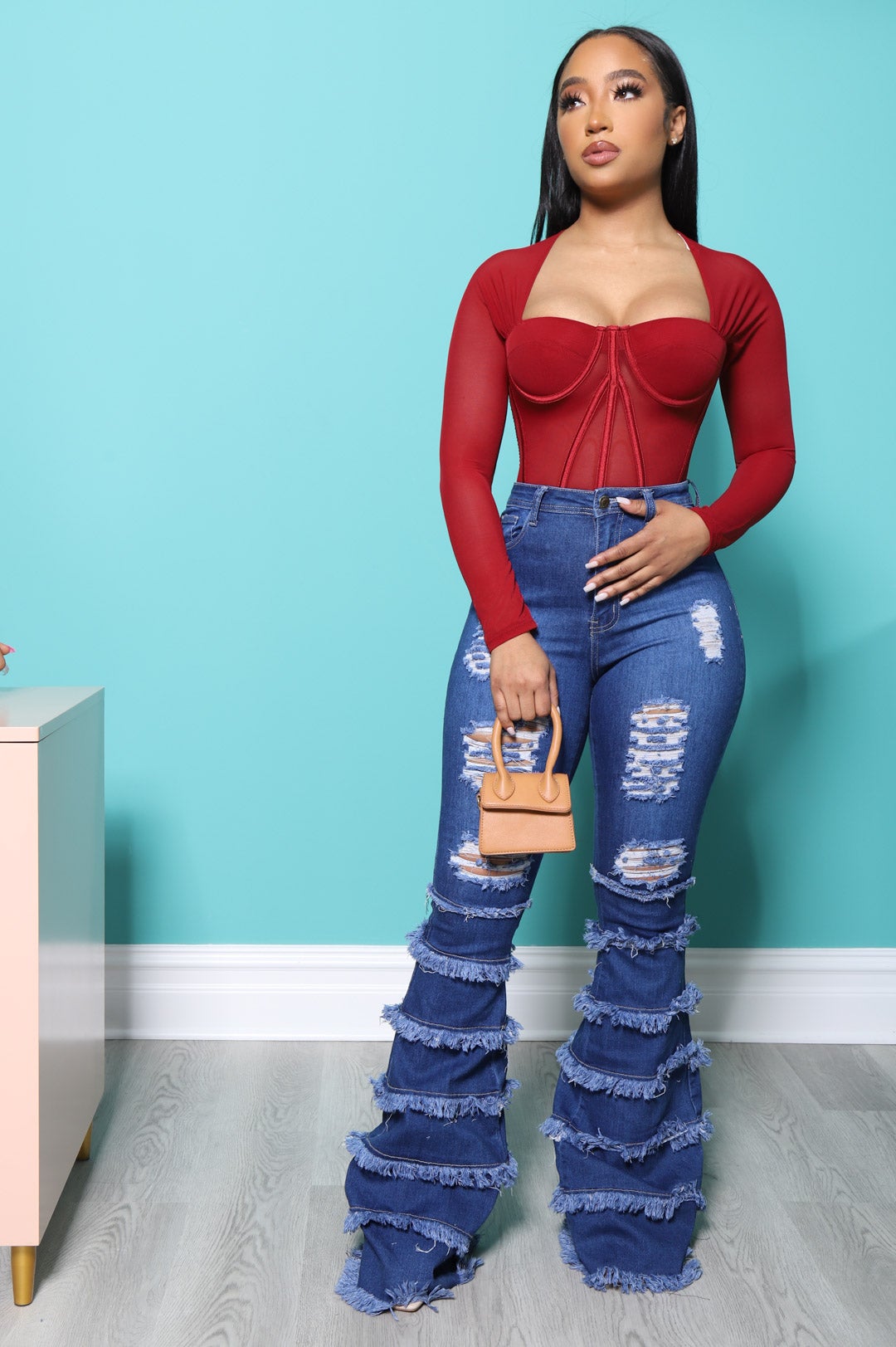 Promise Frayed High Rise Stretchy Flare Jeans - Mid Wash - Swank A Posh