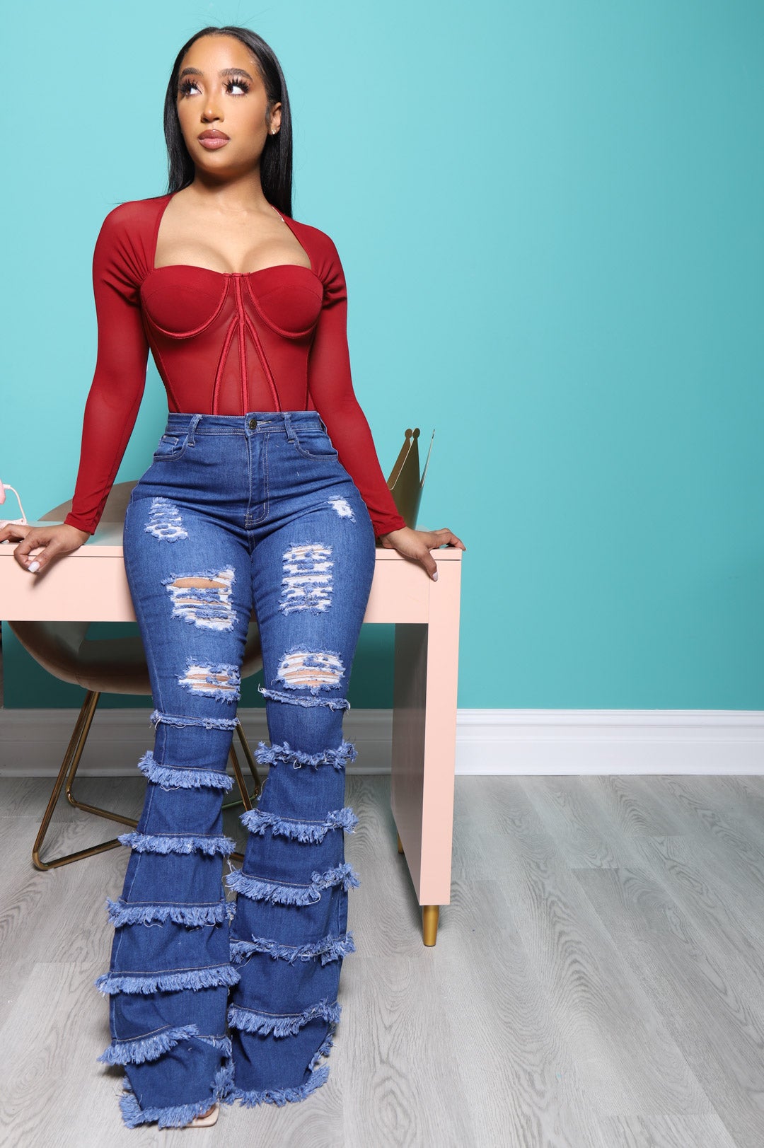 Promise Frayed High Rise Stretchy Flare Jeans - Mid Wash - Swank A Posh