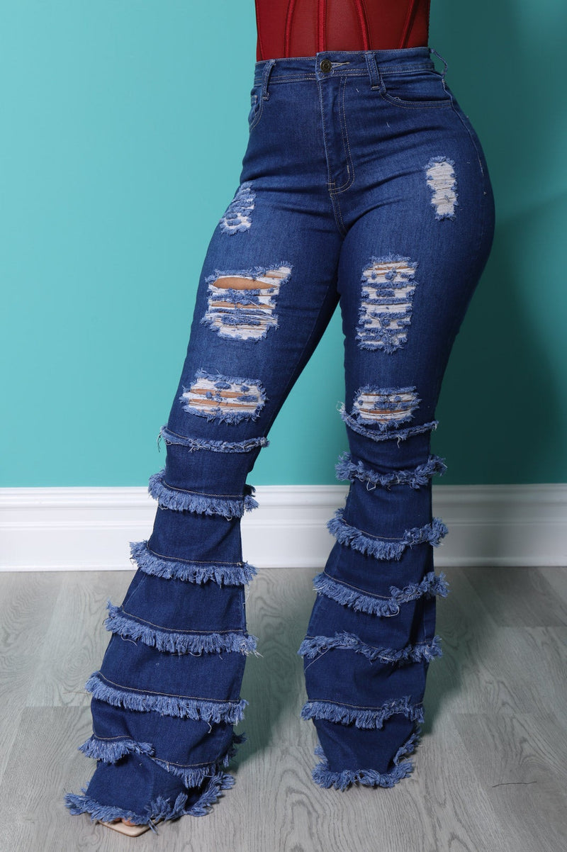 Promise Frayed High Rise Stretchy Flare Jeans - Mid Wash