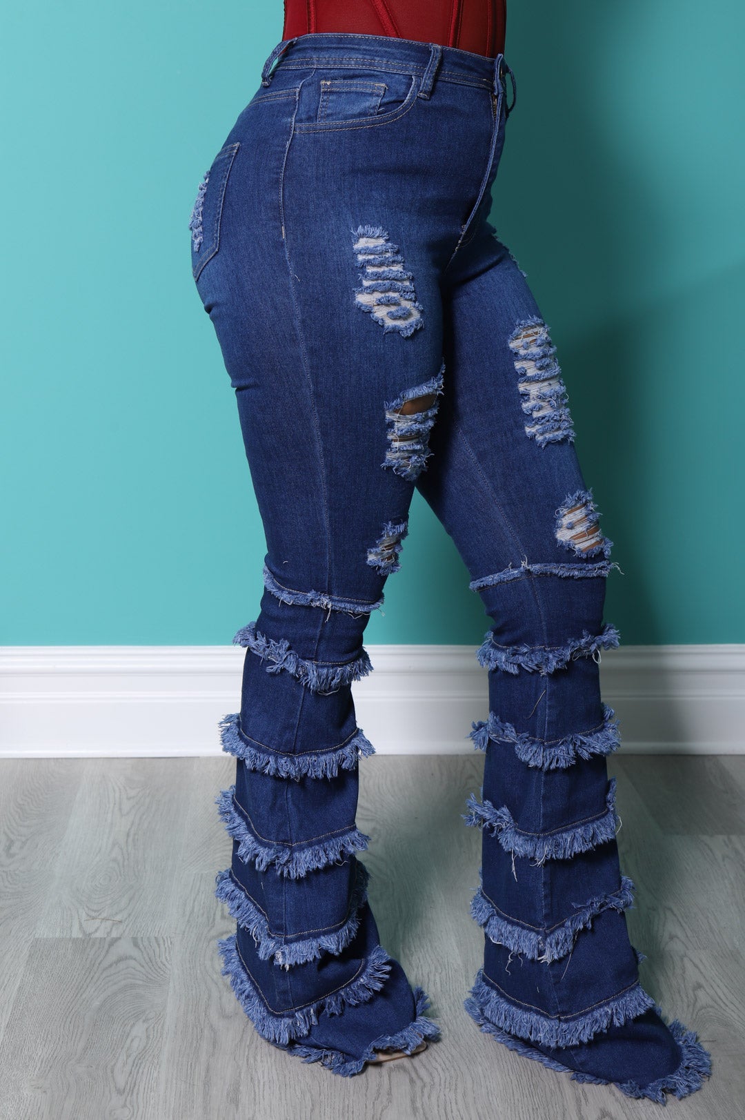 Promise Frayed High Rise Stretchy Flare Jeans - Mid Wash - Swank A Posh