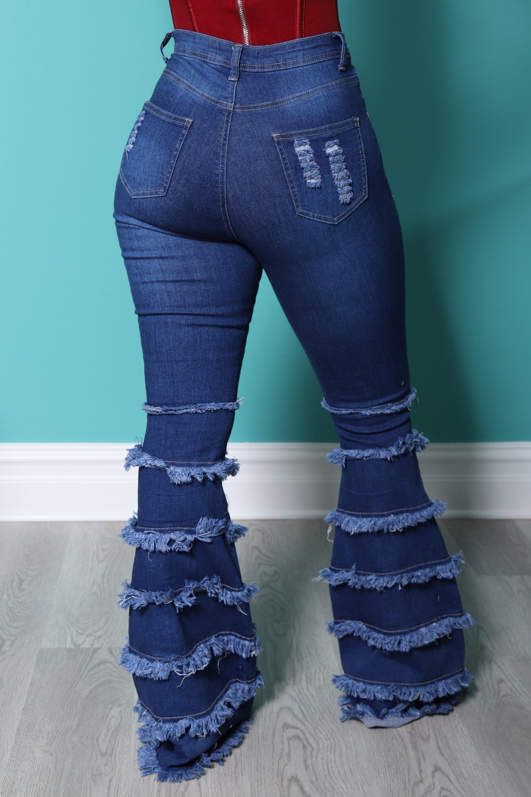 Promise Frayed High Rise Stretchy Flare Jeans - Mid Wash - Swank A Posh