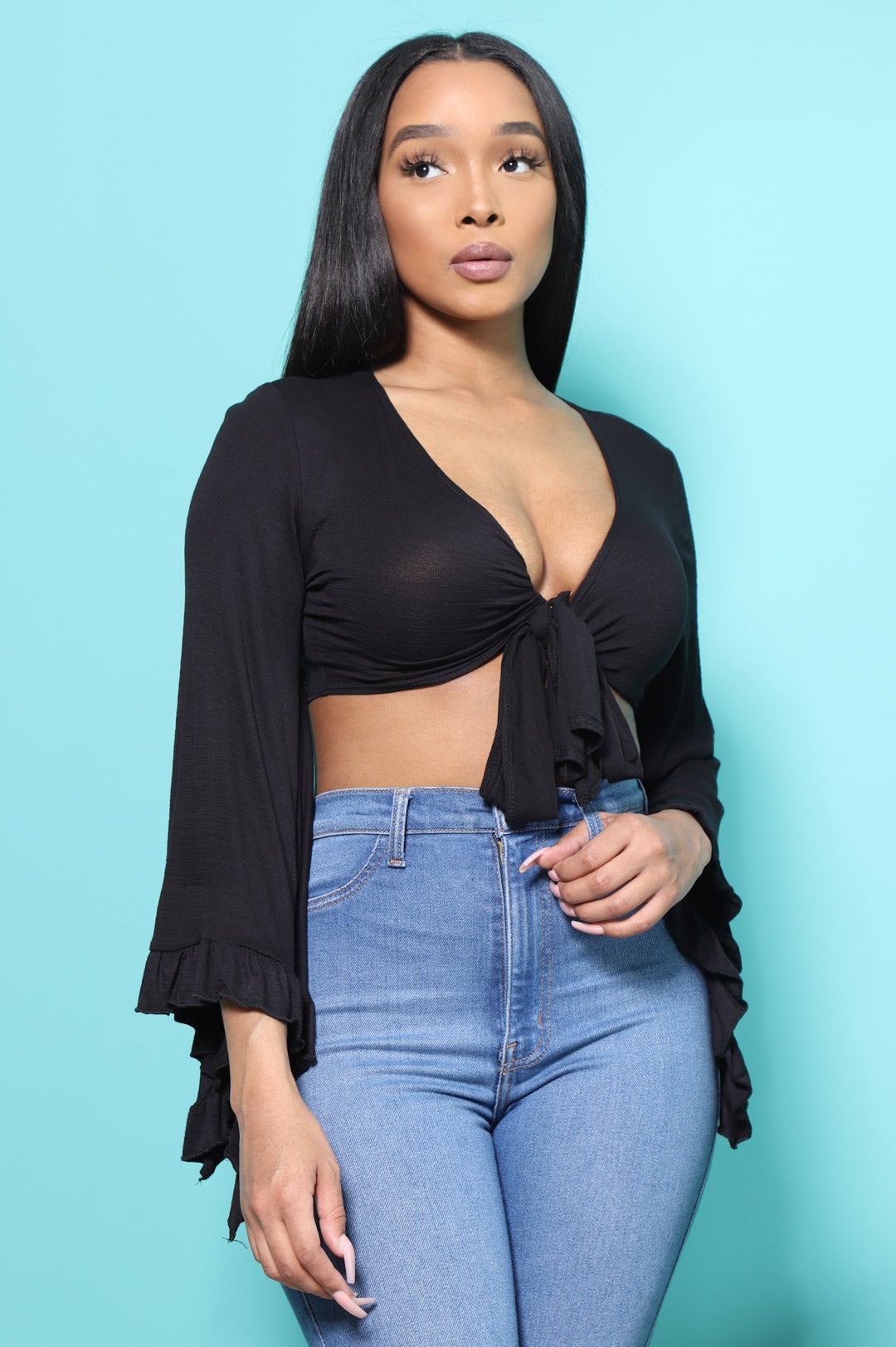 Izzy Ruffle Tie Crop Top - Black - Swank A Posh