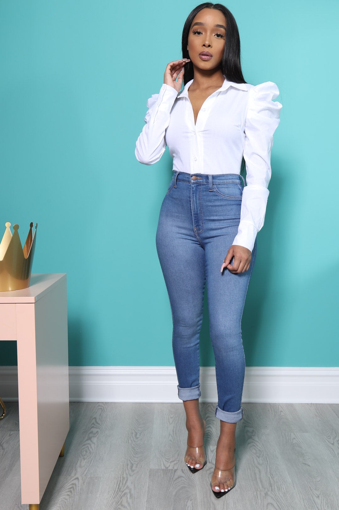 Dame Power Shoulder Button Up Bodysuit - White - Swank A Posh