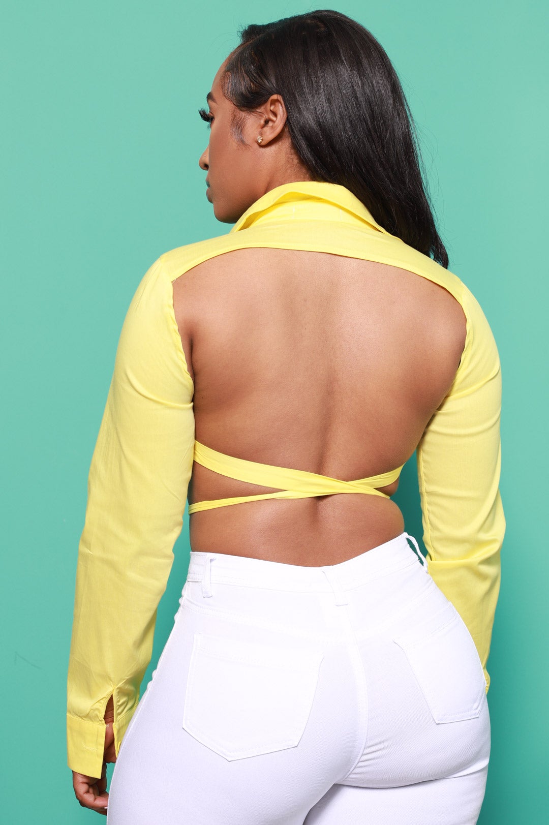 Exposed Open Back Cropped Blouse - Sun Yellow - Swank A Posh