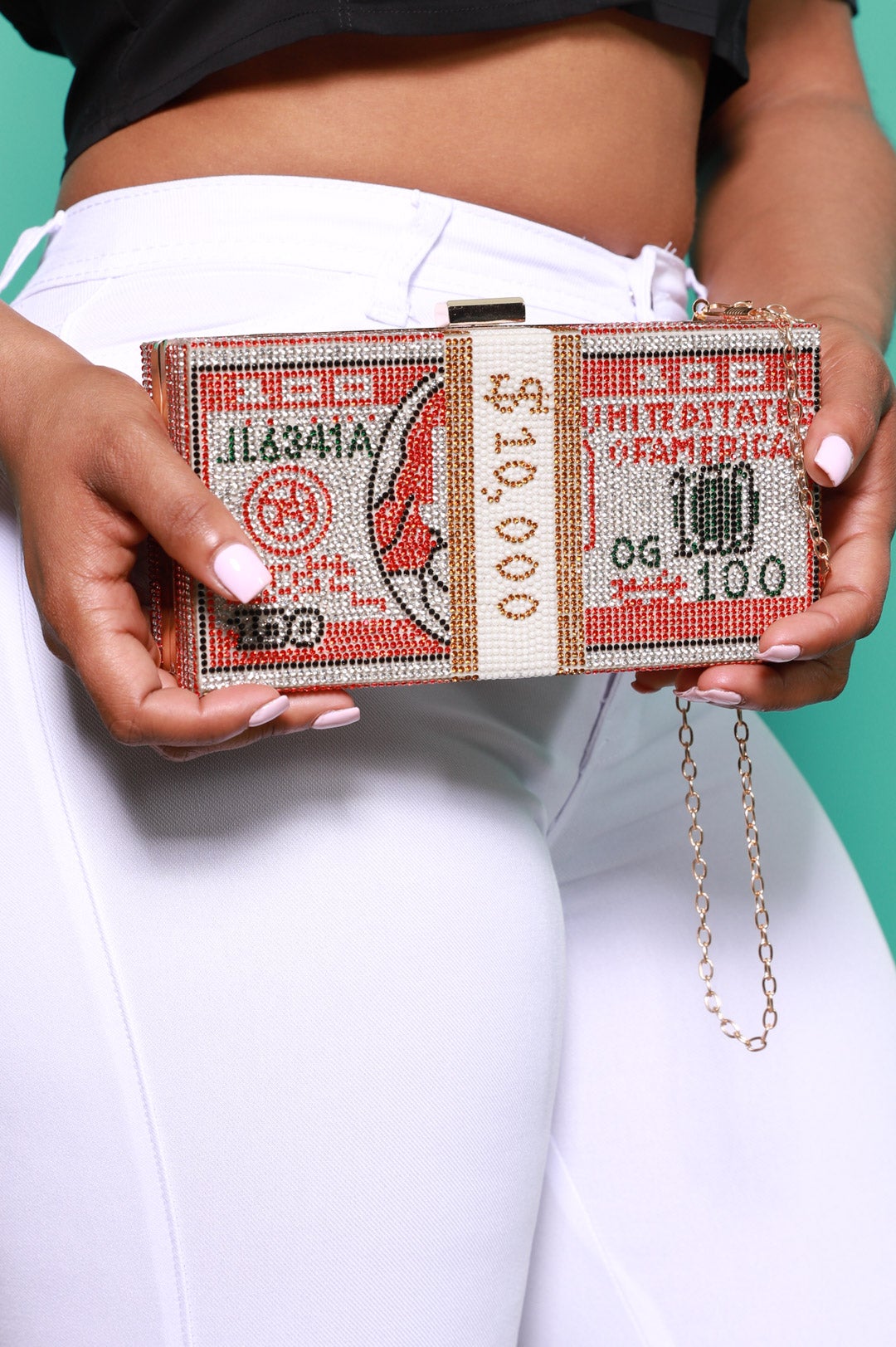 Currency Rhinestone Clutch Shoulder Bag - Red - Swank A Posh