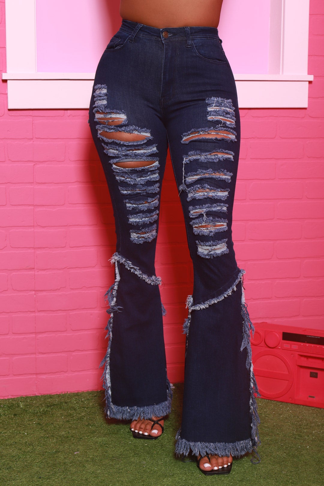 The Other Side Distressed Stretchy Flare Jeans - Dark Wash - Swank A Posh