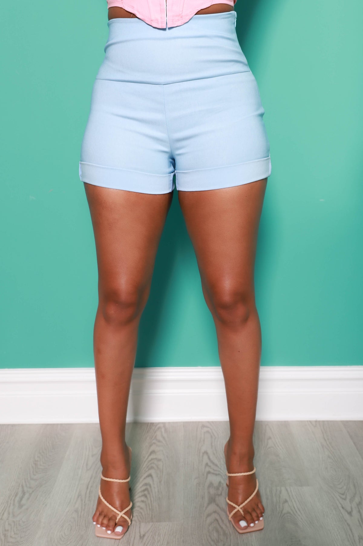 High Hopes High Waist Cuffed Shorts - Blue - Swank A Posh