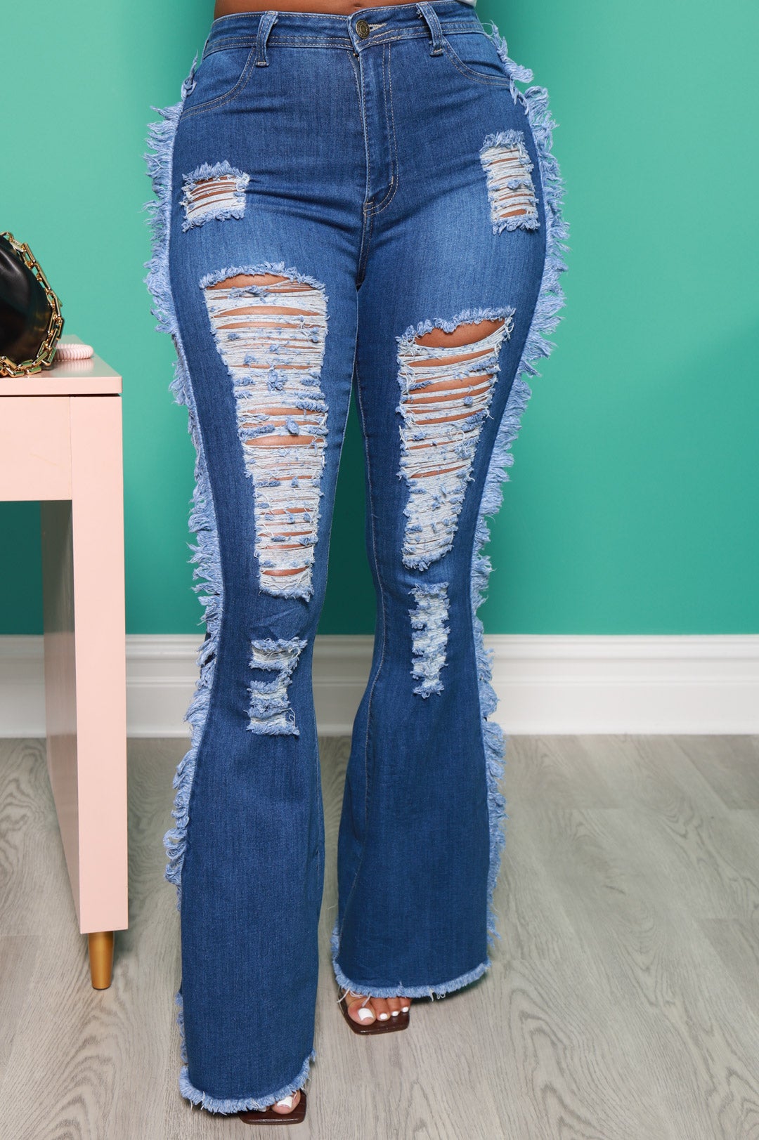 Fate High Rise Distressed Flare Jeans - Mid Wash - Swank A Posh