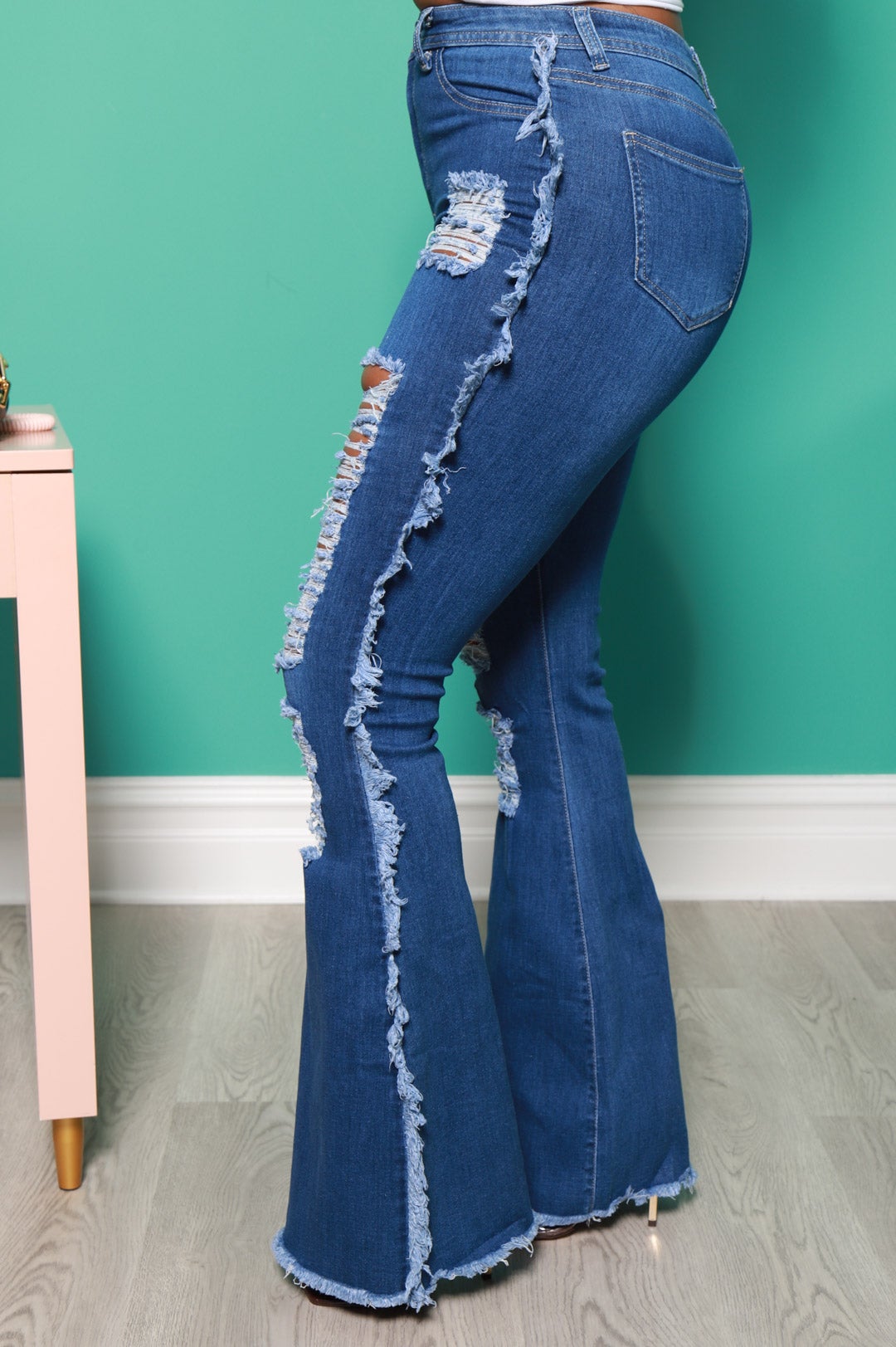 Fate High Rise Distressed Flare Jeans - Mid Wash - Swank A Posh