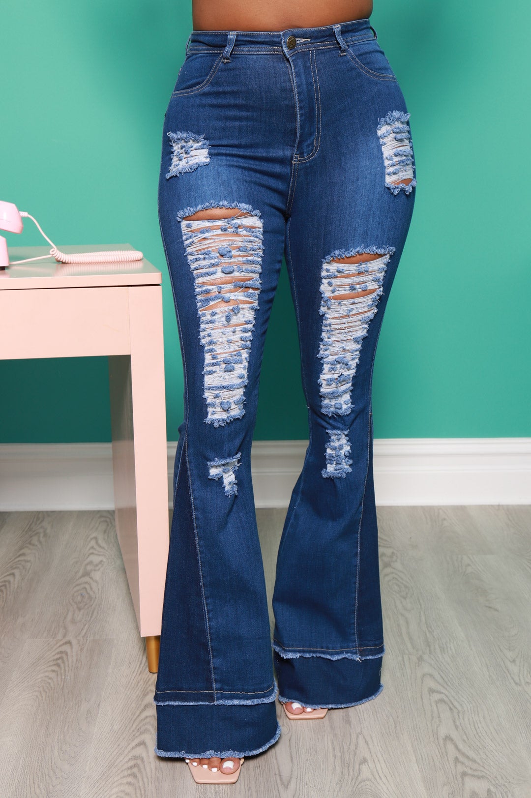 Too Torn Two Toned Distressed Flare Jeans - Medium Wash - Swank A Posh