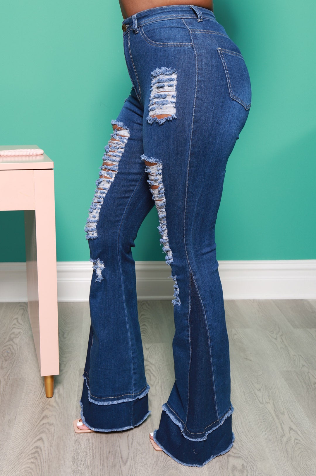 Too Torn Two Toned Distressed Flare Jeans - Medium Wash - Swank A Posh