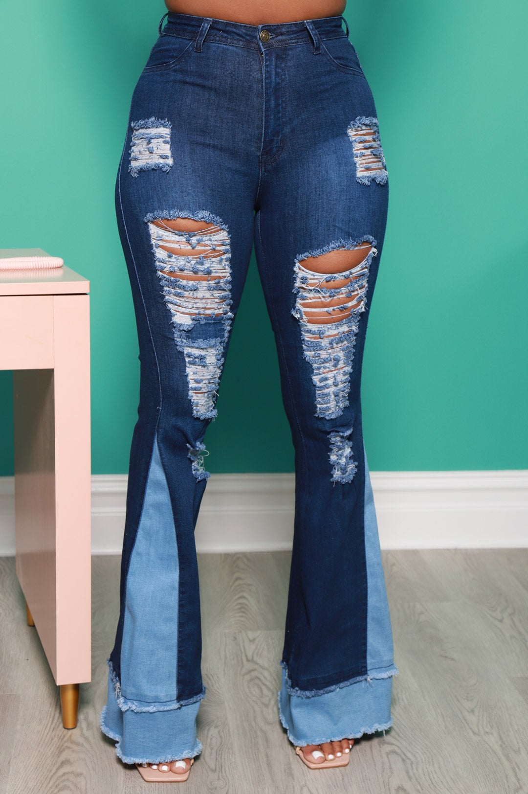 Too Torn Two Toned Distressed Flare Jeans - Dark Wash - Swank A Posh