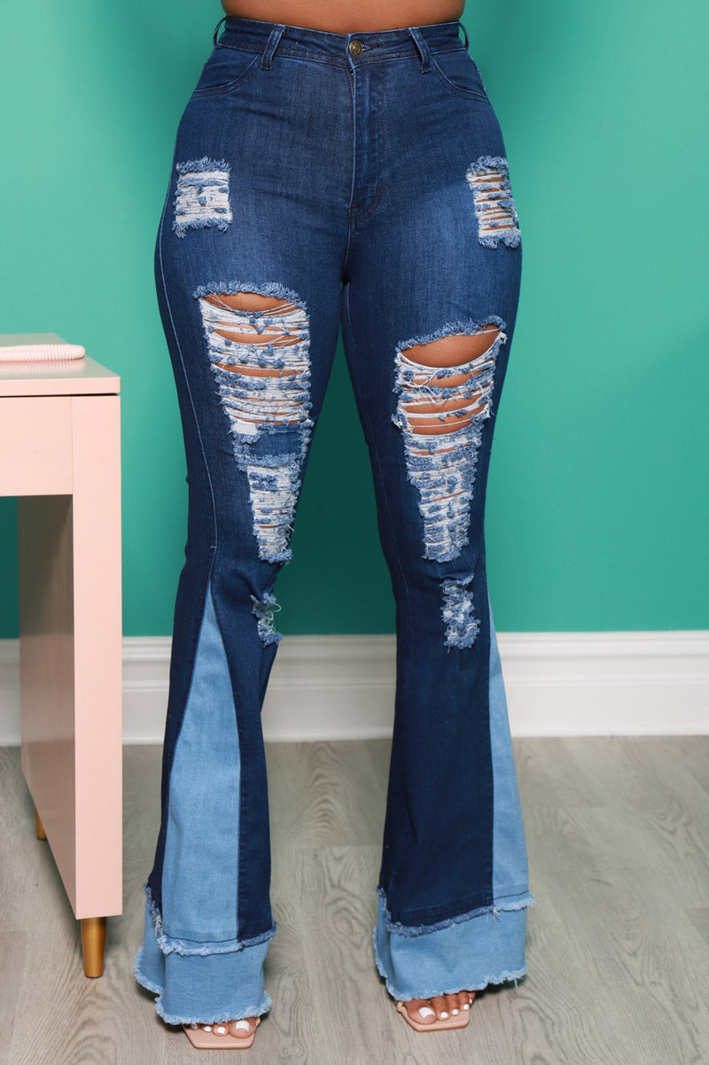 Too Torn Two Toned Distressed Flare Jeans - Dark Wash