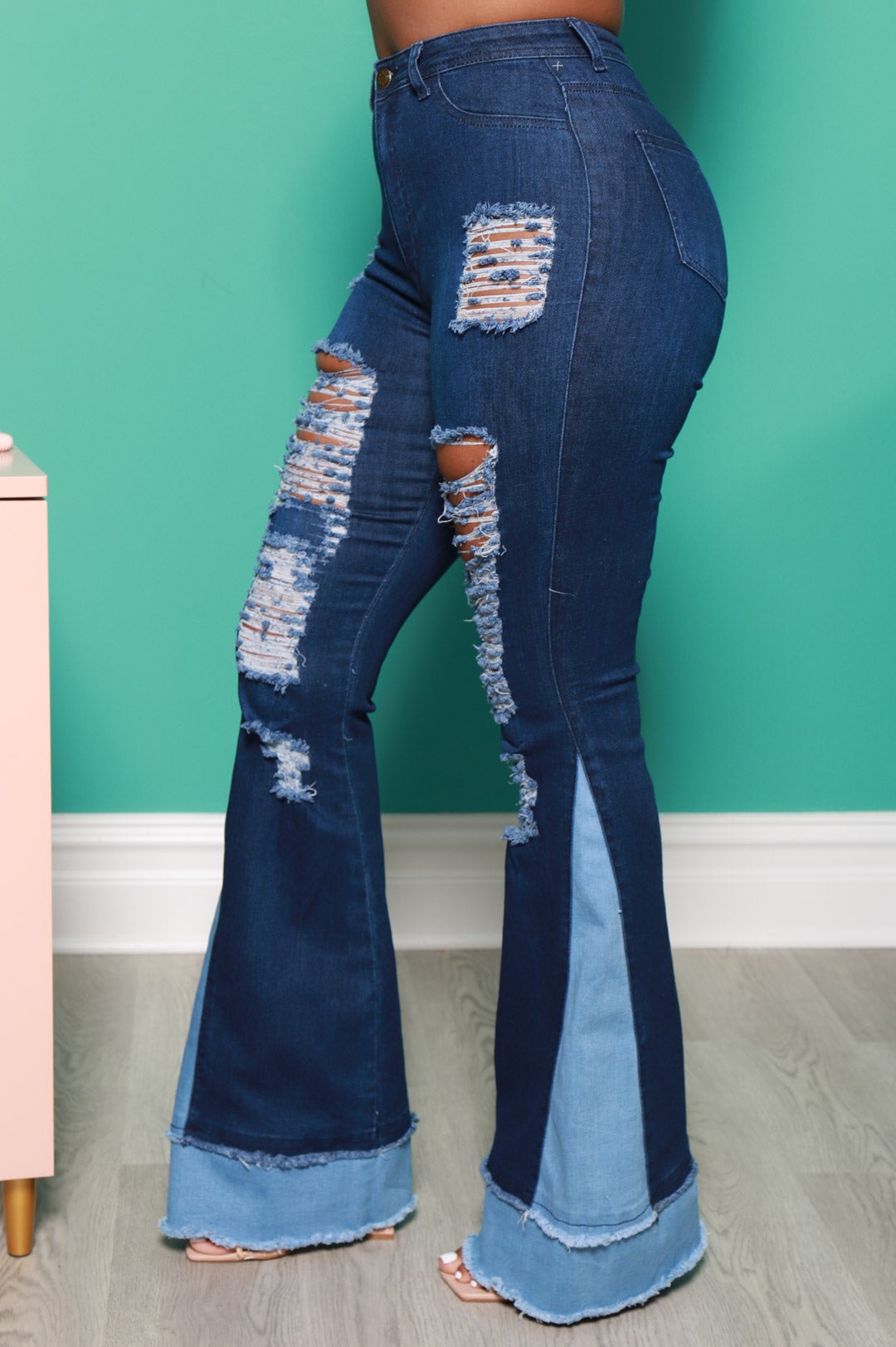 Too Torn Two Toned Distressed Flare Jeans - Dark Wash - Swank A Posh