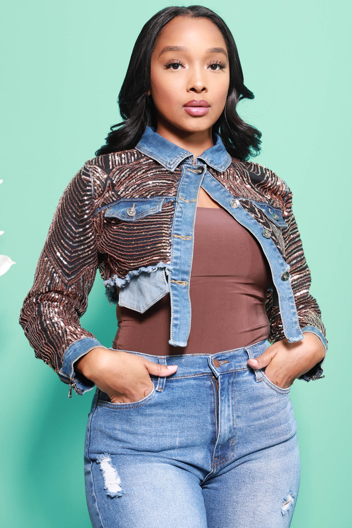 Embellish Champagne Sequin Denim Bomber Jacket - Swank A Posh