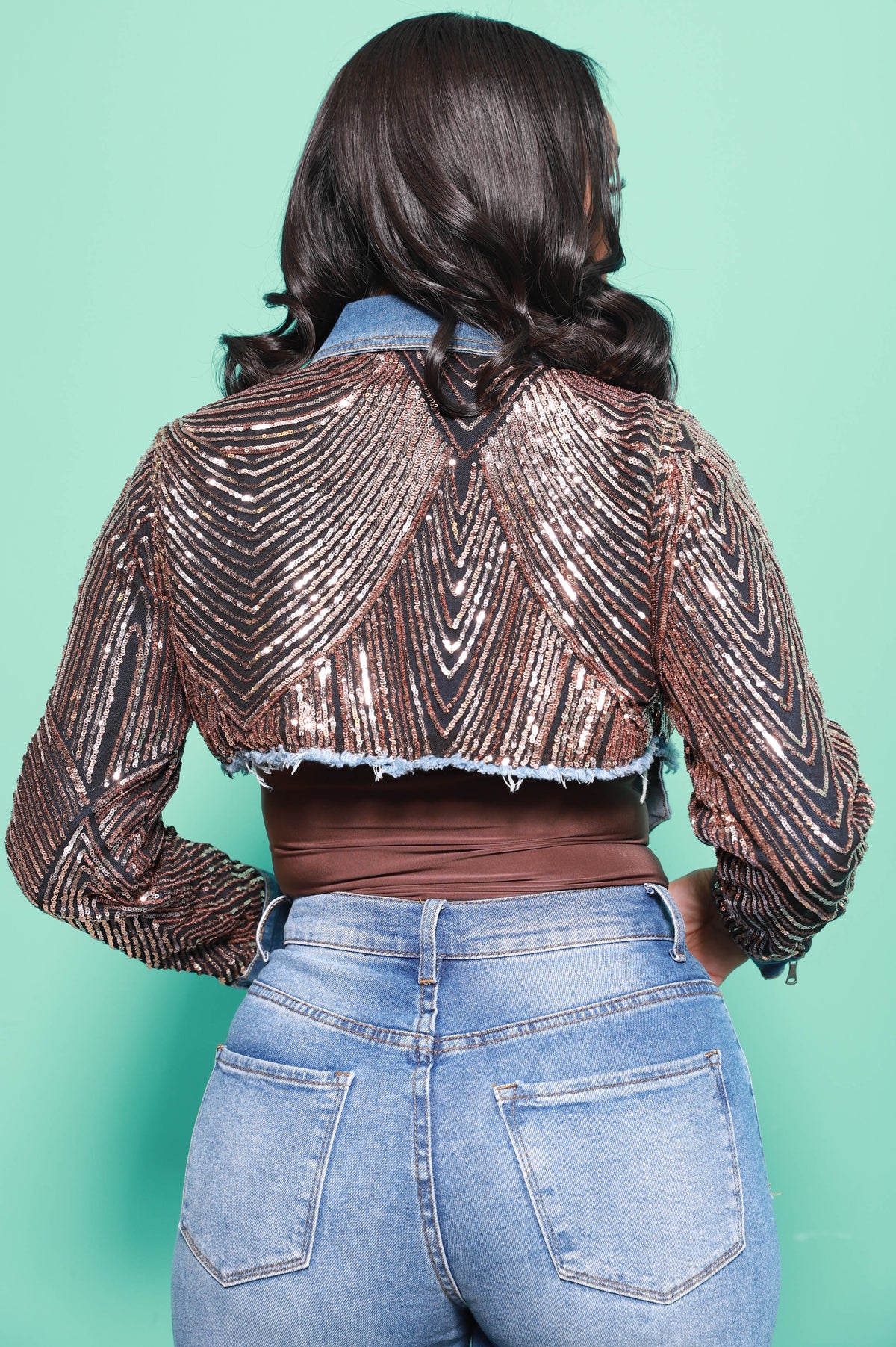 Embellish Champagne Sequin Denim Bomber Jacket - Swank A Posh