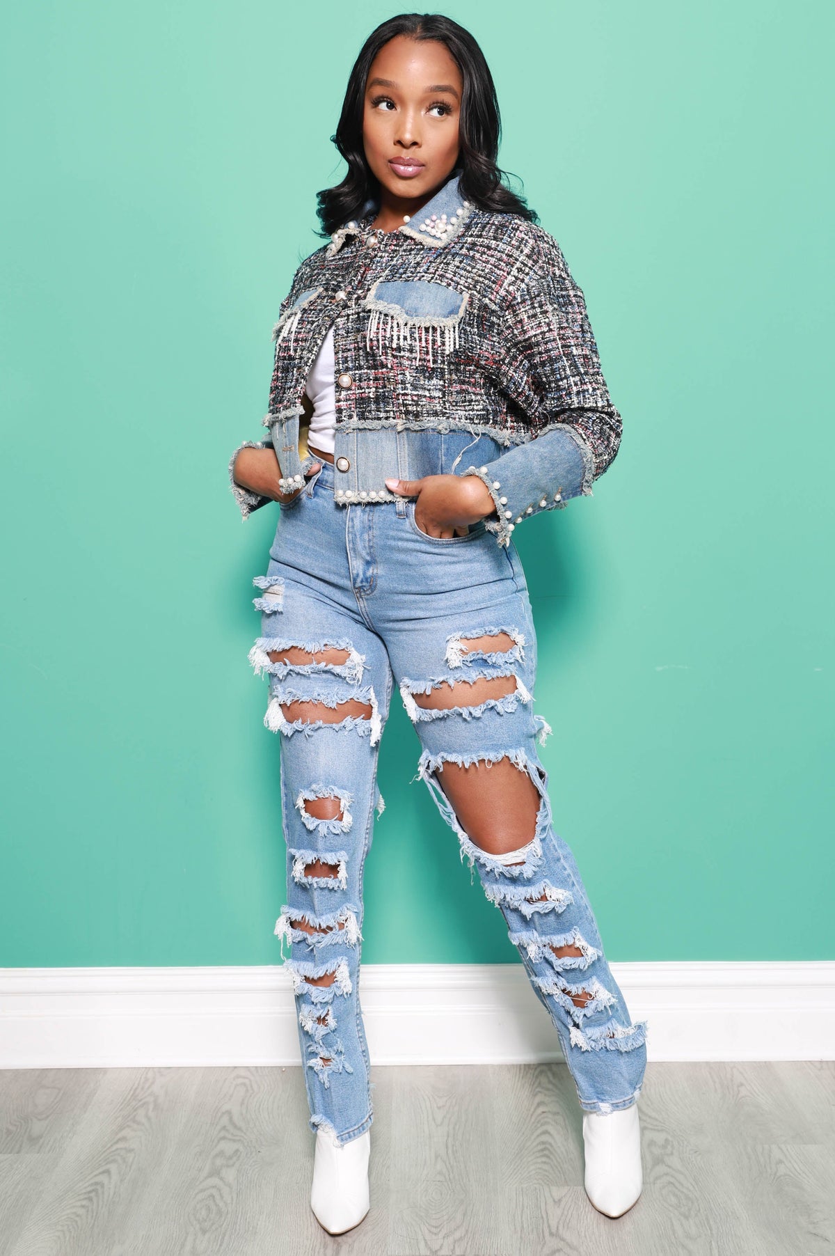 Kiss and Tell Pearl & Twill Denim Jacket - Light Wash - Swank A Posh