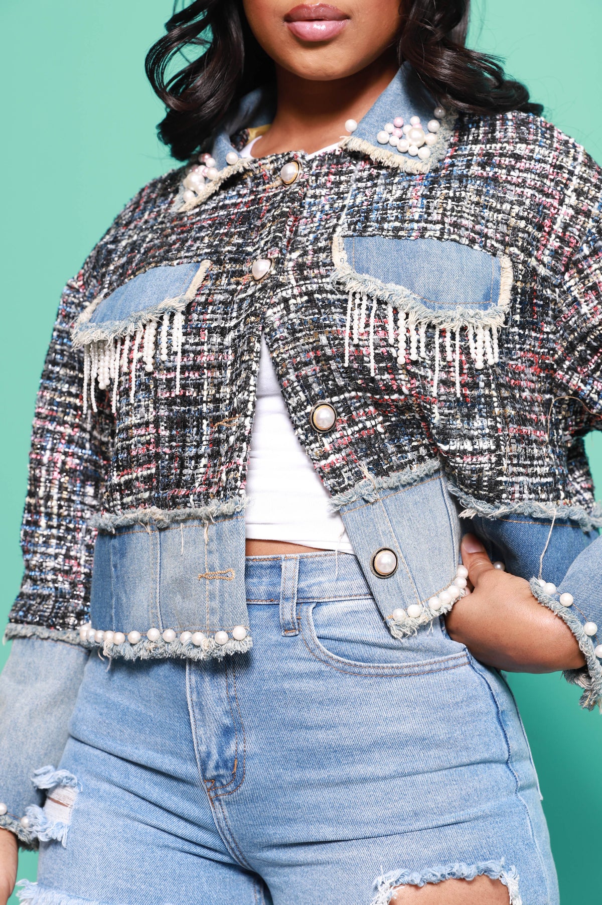 Kiss and Tell Pearl & Twill Denim Jacket - Light Wash - Swank A Posh