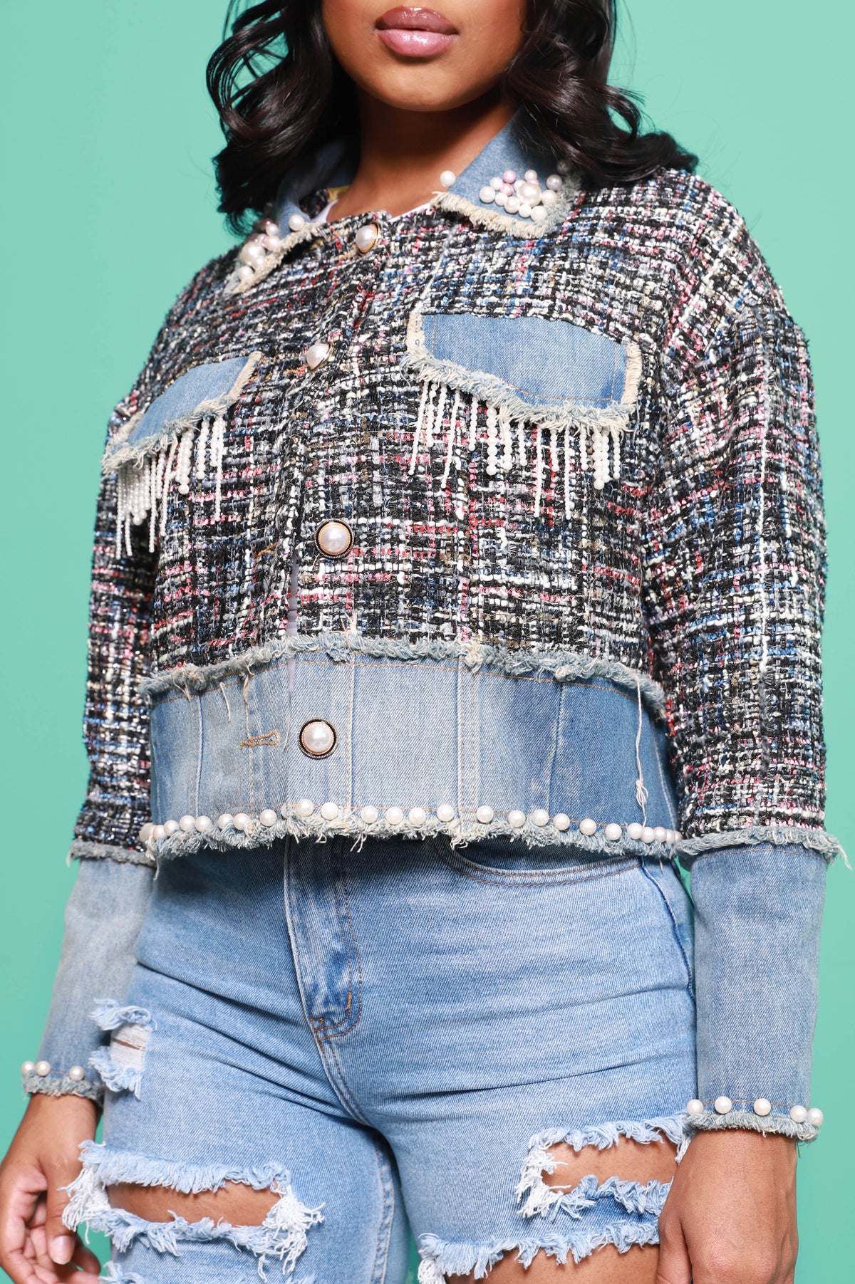 Kiss and Tell Pearl & Twill Denim Jacket - Light Wash - Swank A Posh