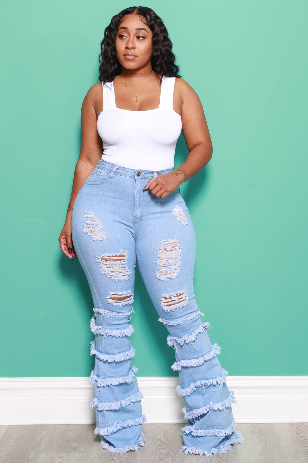 Promise Frayed High Rise Stretchy Flare Jeans - Light Wash - Swank A Posh