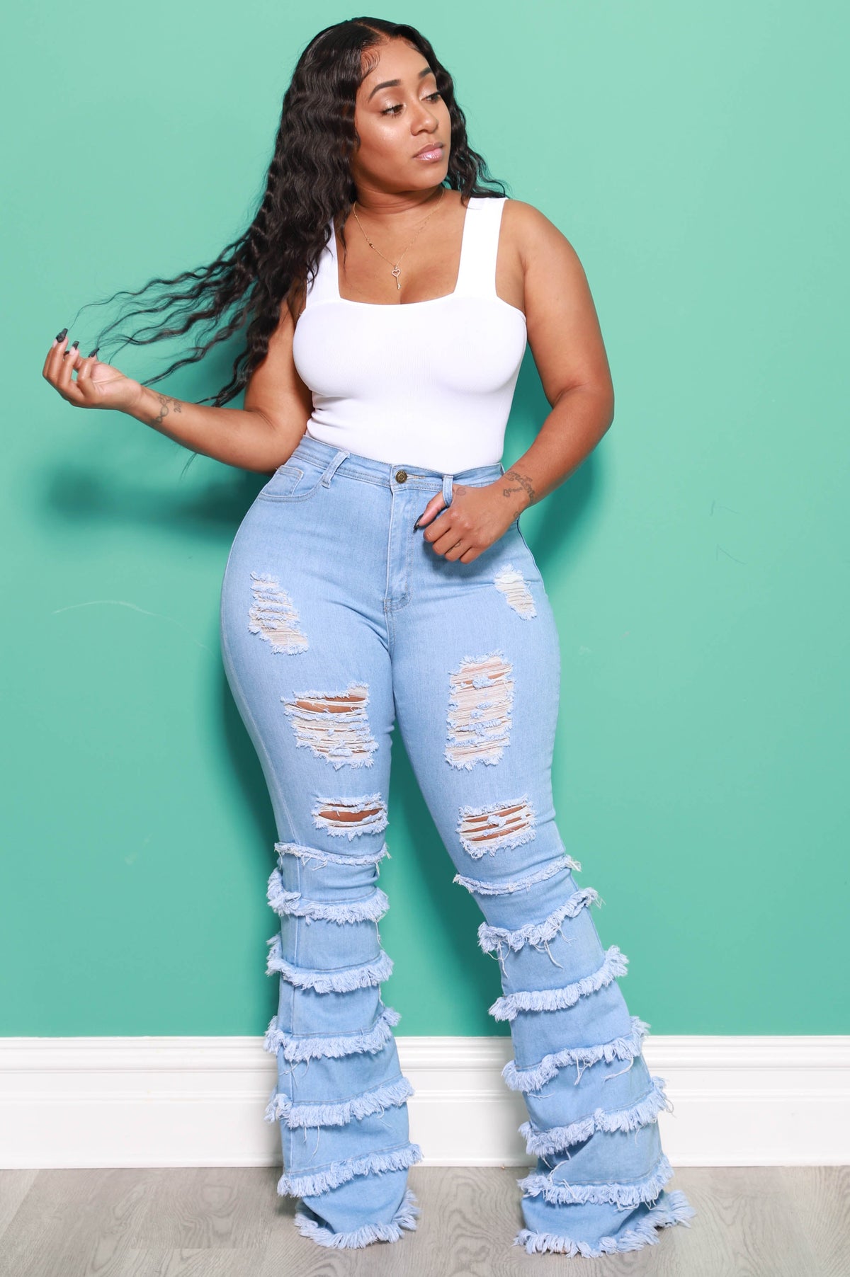 Promise Frayed High Rise Stretchy Flare Jeans - Light Wash - Swank A Posh